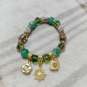 Green and Gold Charm Bracelet Handmade Stretch